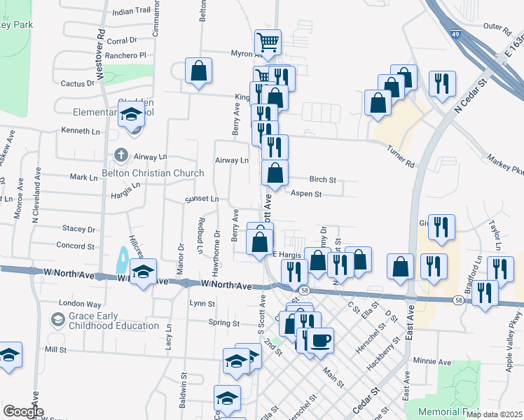 map of restaurants, bars, coffee shops, grocery stores, and more near 106 Carnagie Street in Belton