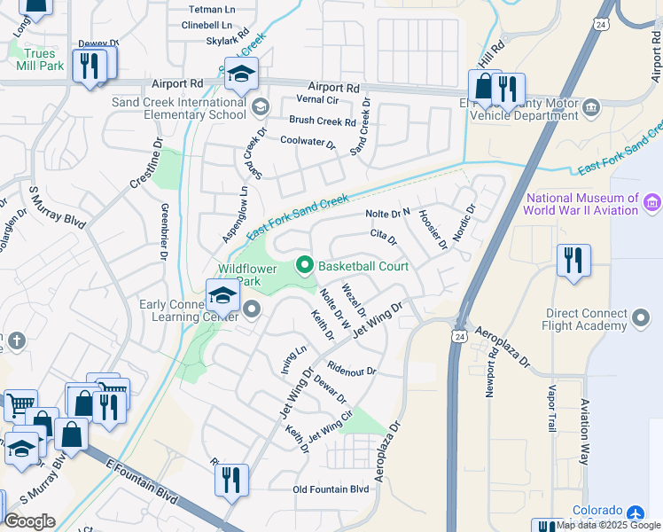 map of restaurants, bars, coffee shops, grocery stores, and more near 4935 Ivor Drive in Colorado Springs