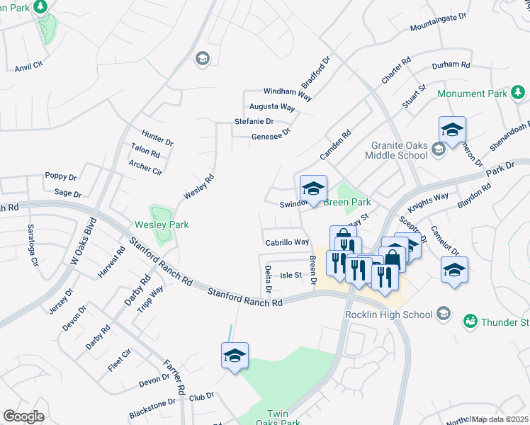 map of restaurants, bars, coffee shops, grocery stores, and more near 5568 Cabrillo Court in Rocklin