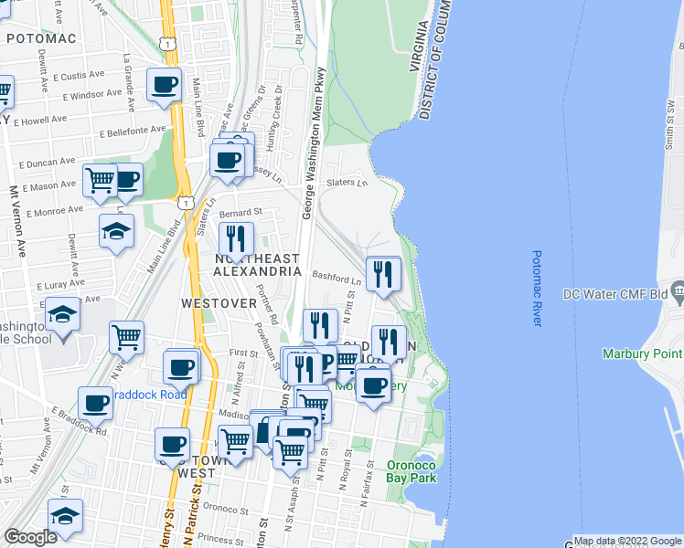 map of restaurants, bars, coffee shops, grocery stores, and more near 601 Bashford Lane in Alexandria