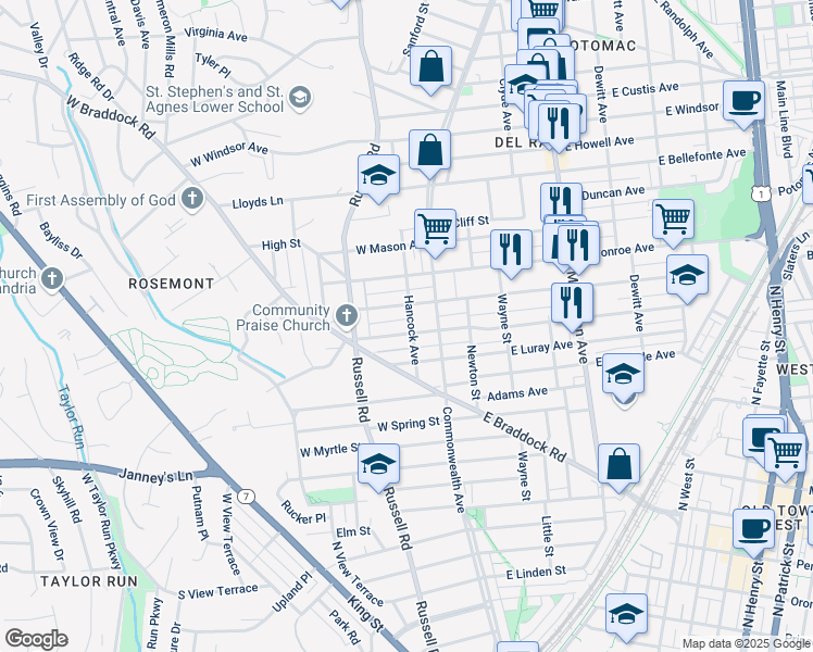 map of restaurants, bars, coffee shops, grocery stores, and more near 101 West Alexandria Avenue in Alexandria