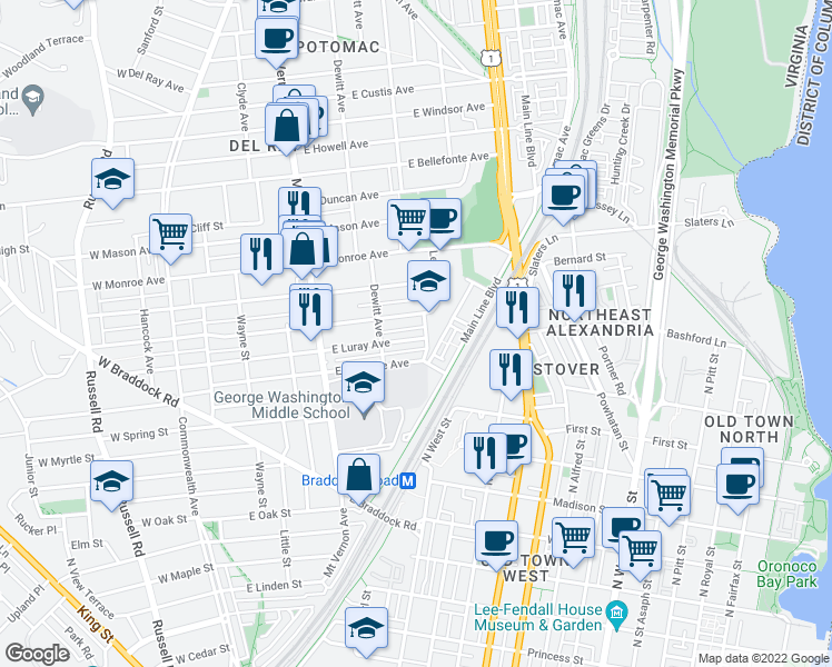 map of restaurants, bars, coffee shops, grocery stores, and more near 542 East Luray Avenue in Alexandria