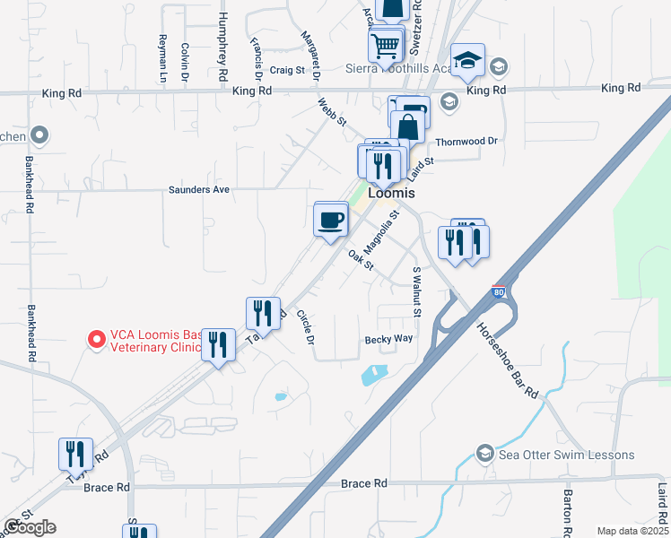 map of restaurants, bars, coffee shops, grocery stores, and more near 3767 Taylor Road in Loomis