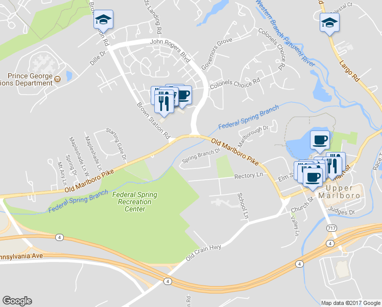 map of restaurants, bars, coffee shops, grocery stores, and more near 14123 Spring Branch Drive in Upper Marlboro