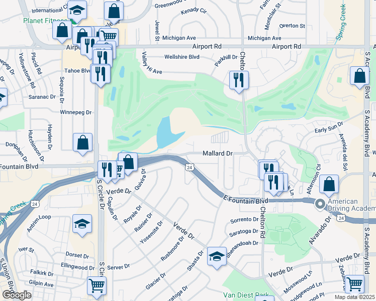 map of restaurants, bars, coffee shops, grocery stores, and more near 3014 Mallard Drive in Colorado Springs