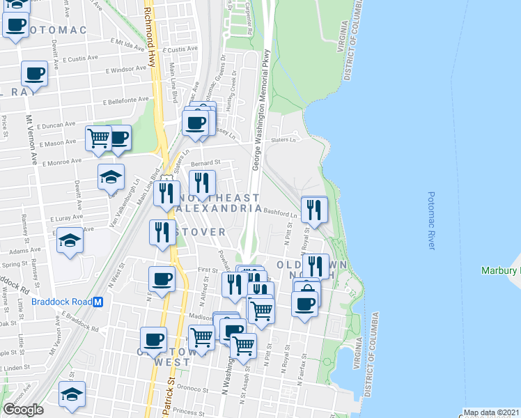 map of restaurants, bars, coffee shops, grocery stores, and more near 1301 East Abingdon Drive in Alexandria