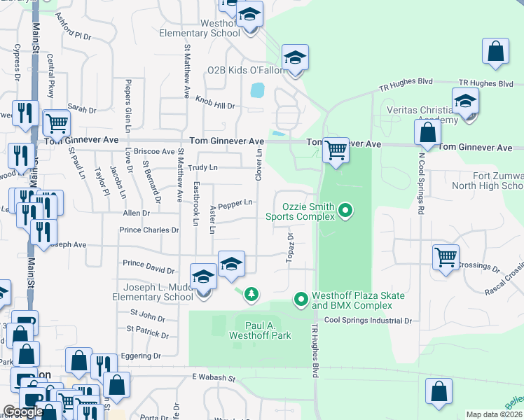map of restaurants, bars, coffee shops, grocery stores, and more near 708 Clover Lane in O'Fallon