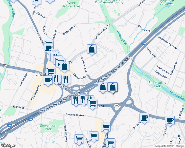 map of restaurants, bars, coffee shops, grocery stores, and more near 5831 Quantrell Avenue in Alexandria