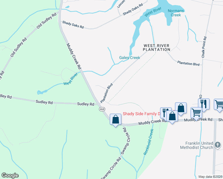 map of restaurants, bars, coffee shops, grocery stores, and more near 617 Plantation Boulevard in West River
