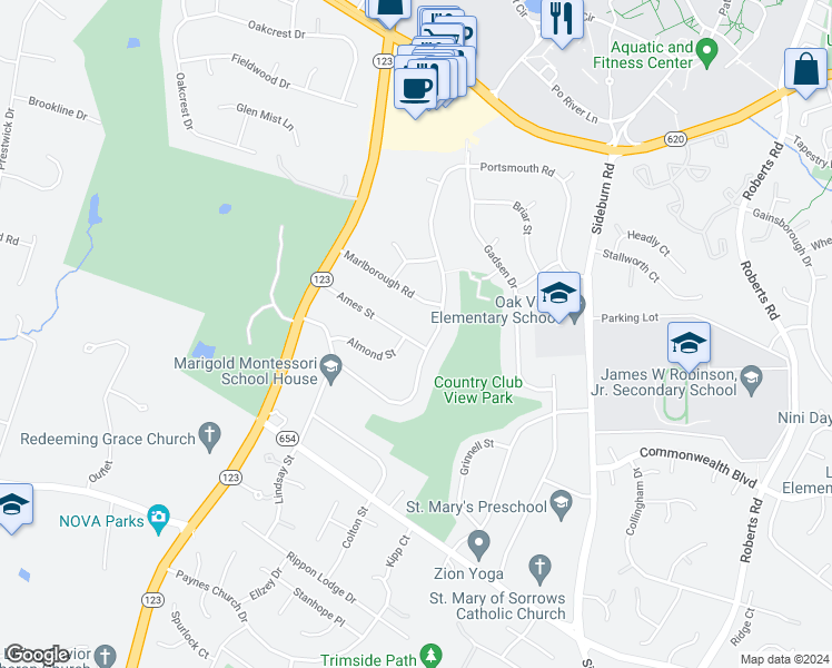 map of restaurants, bars, coffee shops, grocery stores, and more near 10702 Ames Street in Fairfax