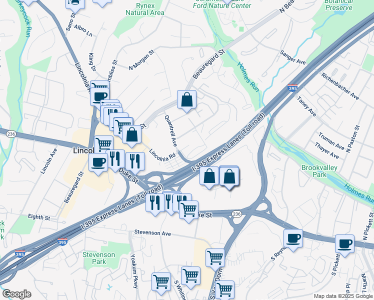 map of restaurants, bars, coffee shops, grocery stores, and more near 5831 Quantrell Avenue in Alexandria