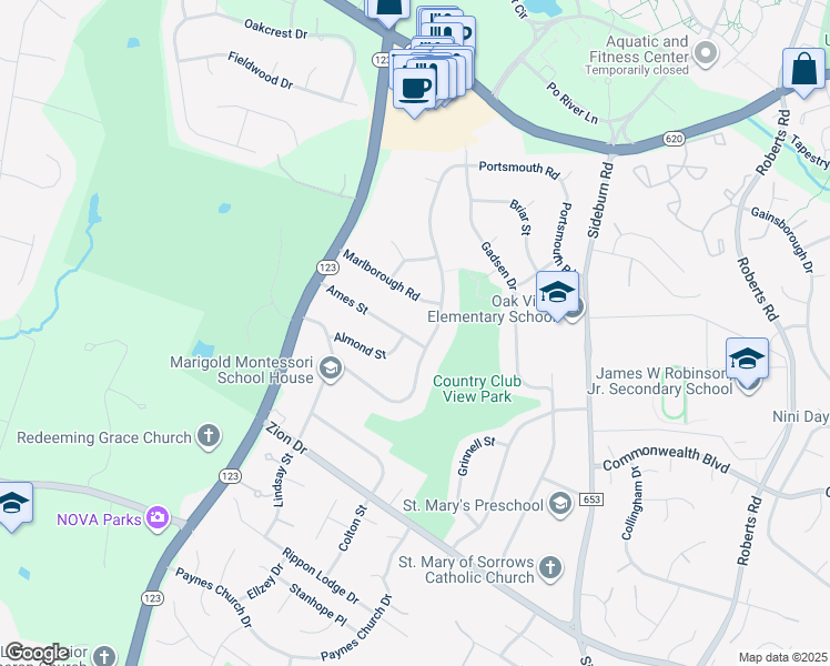 map of restaurants, bars, coffee shops, grocery stores, and more near 10702 Ames Street in Fairfax