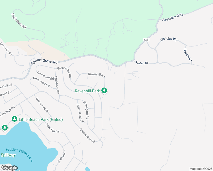 map of restaurants, bars, coffee shops, grocery stores, and more near 19310 Ravenhill Road in Hidden Valley Lake