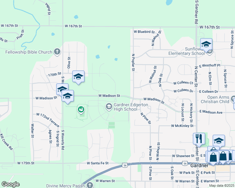map of restaurants, bars, coffee shops, grocery stores, and more near W Madison Ave in Gardner