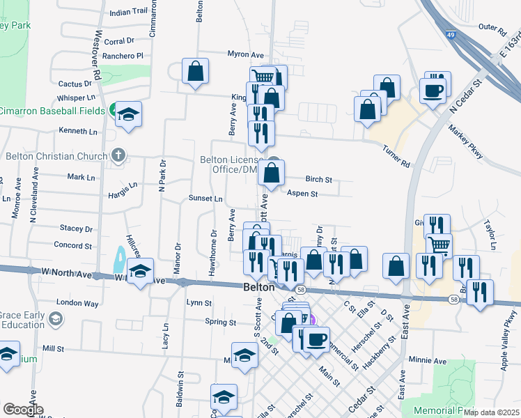 map of restaurants, bars, coffee shops, grocery stores, and more near 100 Carnegie Street in Belton