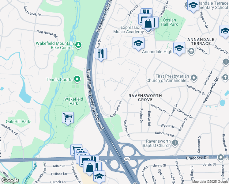 map of restaurants, bars, coffee shops, grocery stores, and more near 4915 Americana Drive in Annandale