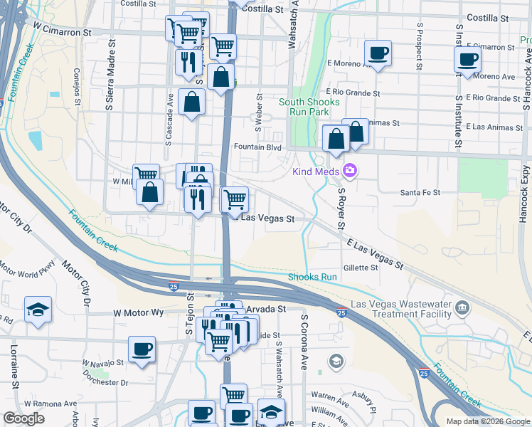 map of restaurants, bars, coffee shops, grocery stores, and more near 314 East Las Vegas Street in Colorado Springs