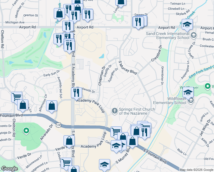 map of restaurants, bars, coffee shops, grocery stores, and more near 4095 Solarglen Drive in Colorado Springs