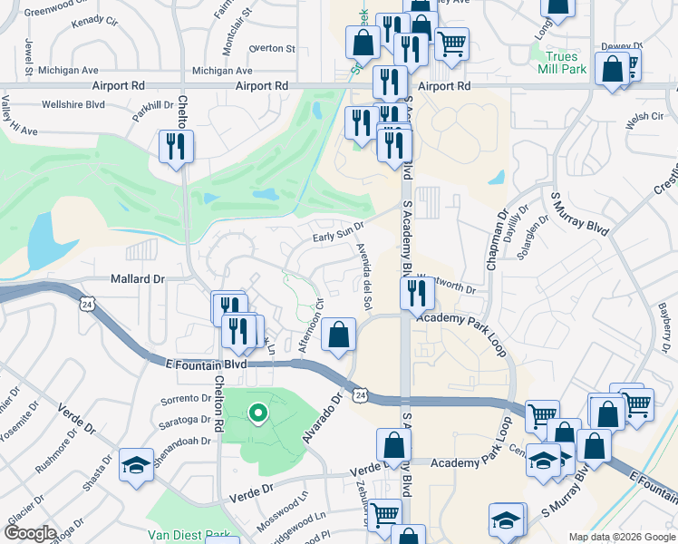 map of restaurants, bars, coffee shops, grocery stores, and more near 926 Acapulco Court in Colorado Springs