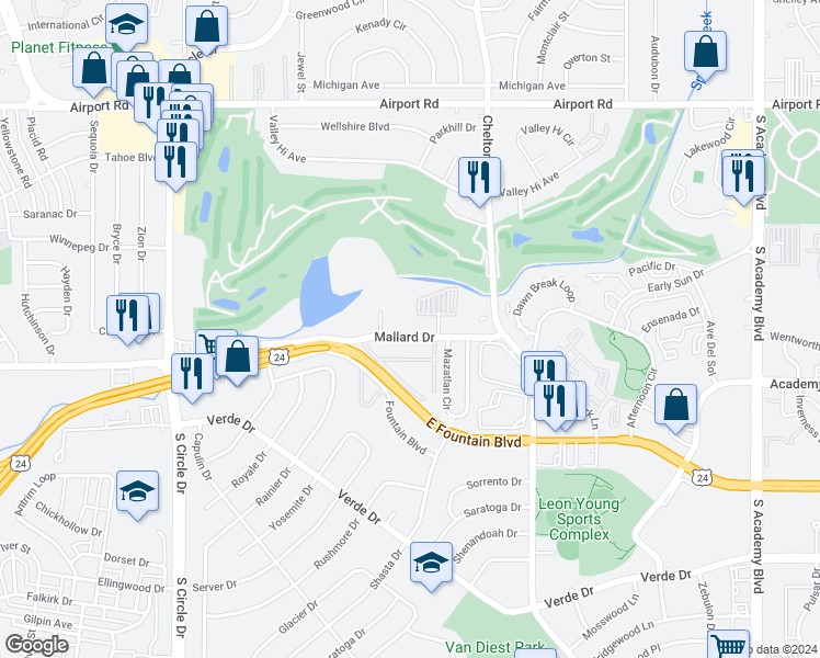 map of restaurants, bars, coffee shops, grocery stores, and more near 3110 Mallard Drive in Colorado Springs