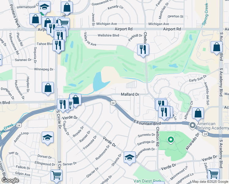 map of restaurants, bars, coffee shops, grocery stores, and more near 915 Teal Court in Colorado Springs