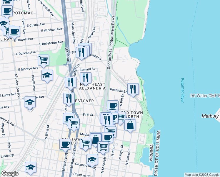 map of restaurants, bars, coffee shops, grocery stores, and more near 101 Independence Avenue Southeast in Washington