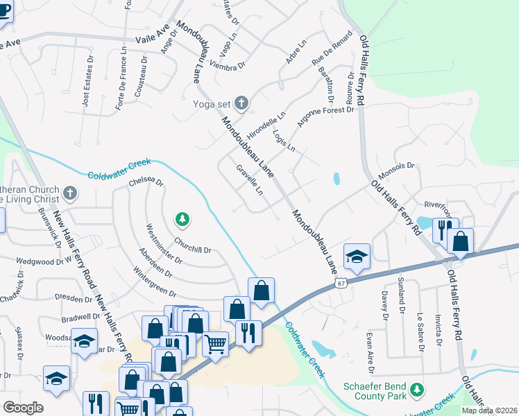 map of restaurants, bars, coffee shops, grocery stores, and more near 14504 Arpent Lane in Florissant