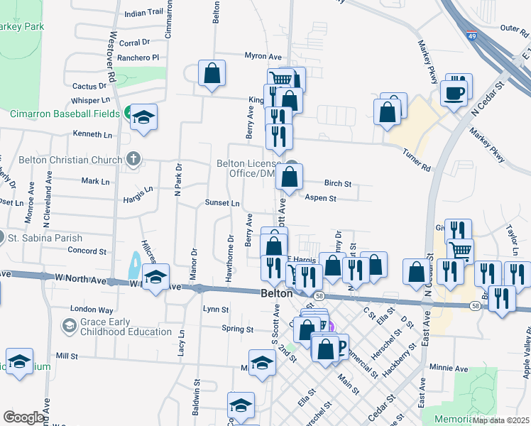 map of restaurants, bars, coffee shops, grocery stores, and more near 117 Carnegie Street in Belton