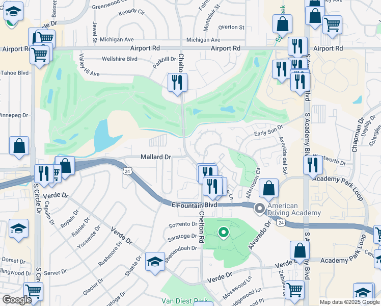 map of restaurants, bars, coffee shops, grocery stores, and more near 964 Dawn Break Loop in Colorado Springs