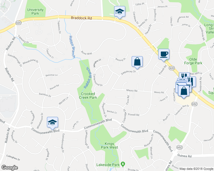 map of restaurants, bars, coffee shops, grocery stores, and more near 4740 Carterwood Drive in Fairfax