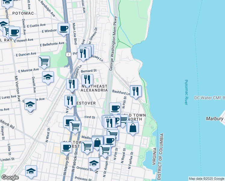 map of restaurants, bars, coffee shops, grocery stores, and more near 1305 East Abingdon Drive in Alexandria