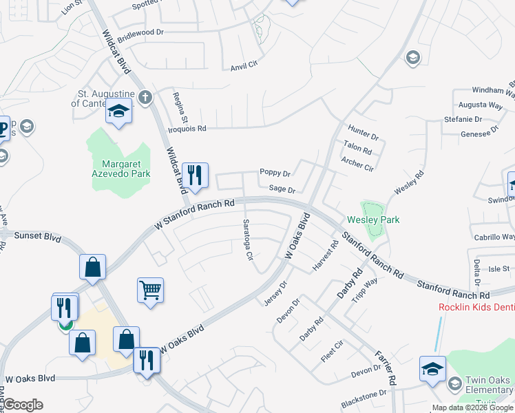 map of restaurants, bars, coffee shops, grocery stores, and more near 5692 Saratoga Circle in Rocklin