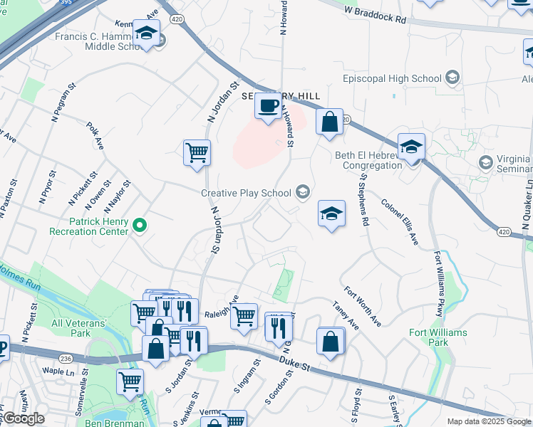 map of restaurants, bars, coffee shops, grocery stores, and more near 801 North Howard Street in Alexandria
