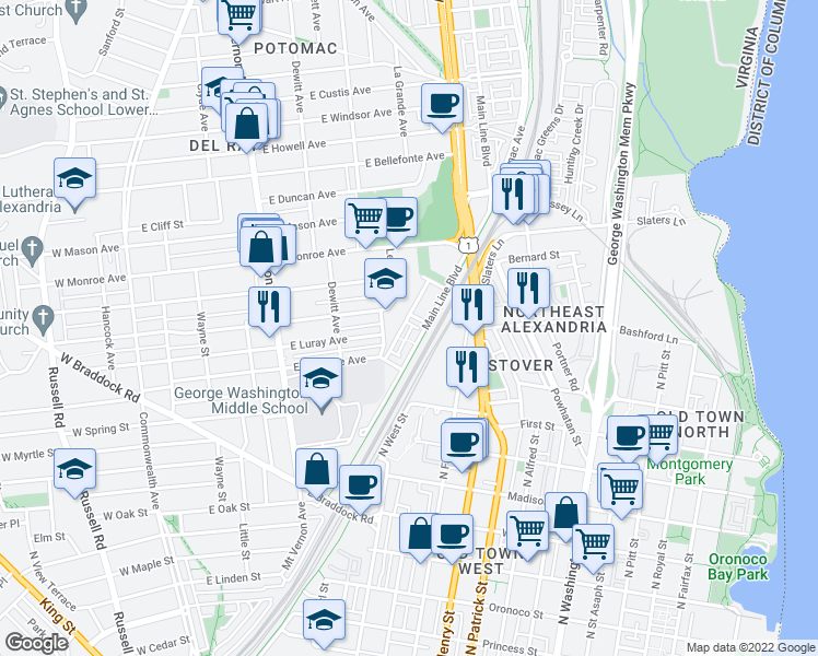 map of restaurants, bars, coffee shops, grocery stores, and more near 1313 Van Valkenburgh Lane in Alexandria