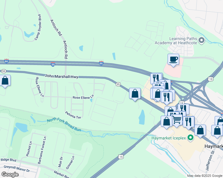 map of restaurants, bars, coffee shops, grocery stores, and more near 6506 Charles Street in Haymarket