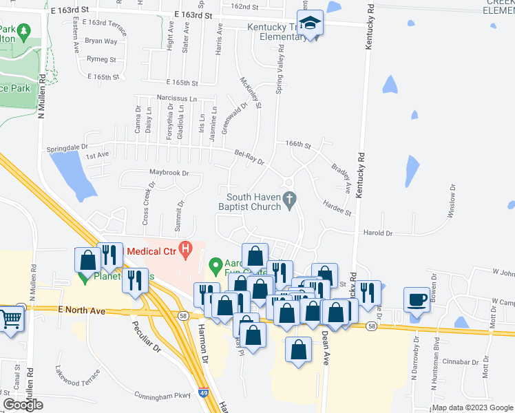map of restaurants, bars, coffee shops, grocery stores, and more near 16805 Spring Valley Road in Belton