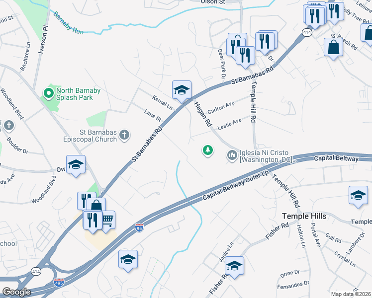 map of restaurants, bars, coffee shops, grocery stores, and more near 5114 South Barnaby Road in Temple Hills