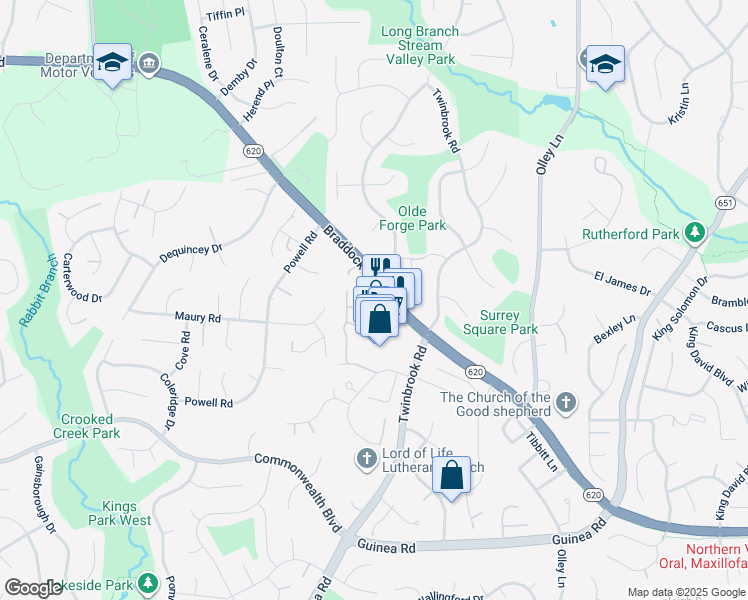 map of restaurants, bars, coffee shops, grocery stores, and more near 4825 Nash Drive in Fairfax