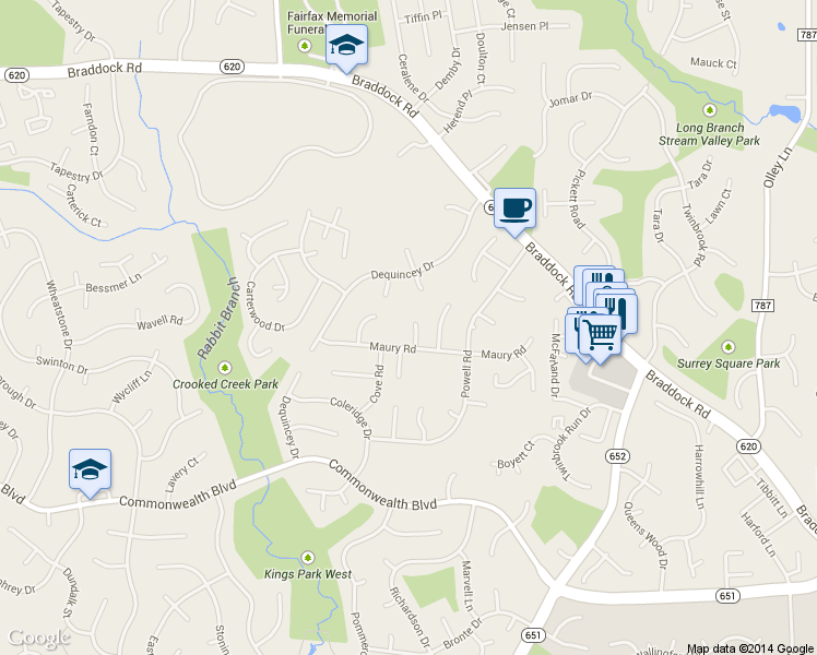 map of restaurants, bars, coffee shops, grocery stores, and more near 4904 Chipper Lane in Fairfax