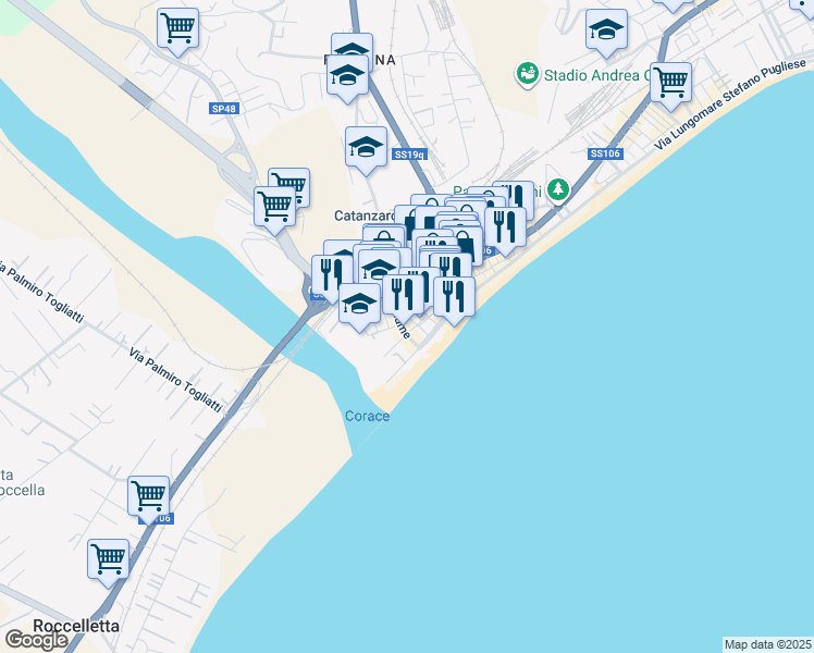 map of restaurants, bars, coffee shops, grocery stores, and more near 25 Traversa Fiume in Catanzaro