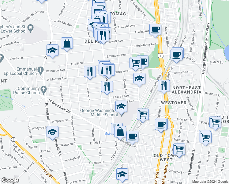map of restaurants, bars, coffee shops, grocery stores, and more near 409 East Alexandria Avenue in Alexandria