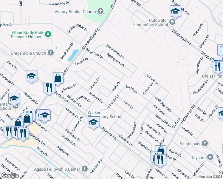 map of restaurants, bars, coffee shops, grocery stores, and more near 2375 Palm Drive in Florissant