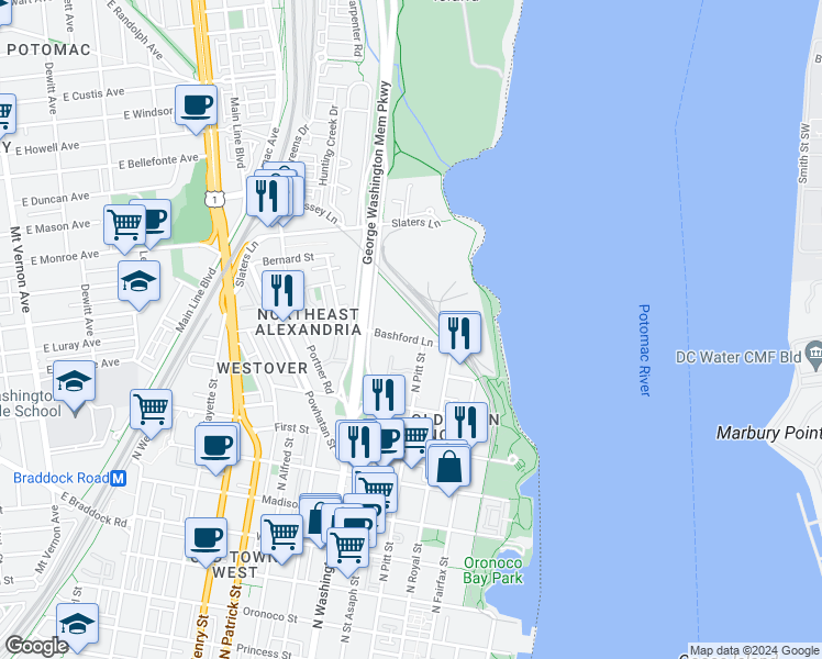 map of restaurants, bars, coffee shops, grocery stores, and more near 511 Bashford Lane in Alexandria