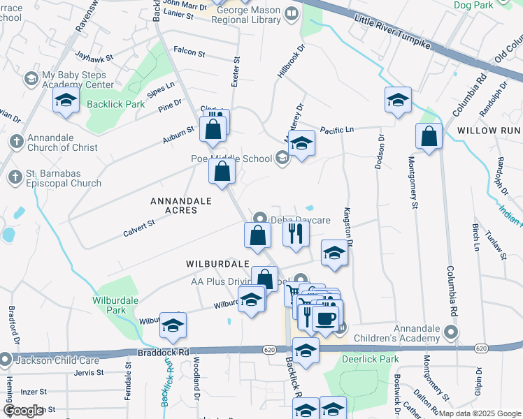 map of restaurants, bars, coffee shops, grocery stores, and more near 4929 Van Walbeek Place in Annandale