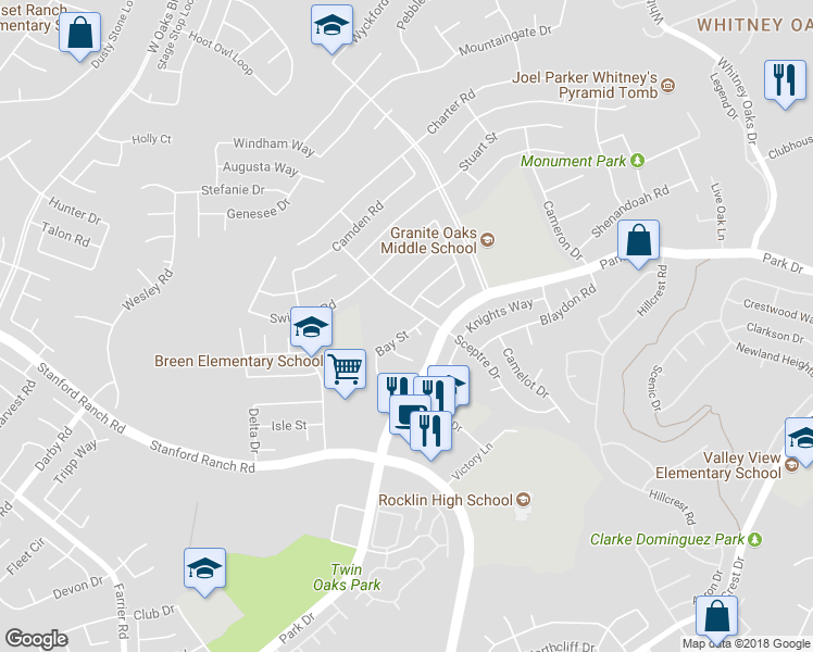 map of restaurants, bars, coffee shops, grocery stores, and more near 5206 Bay Street in Rocklin