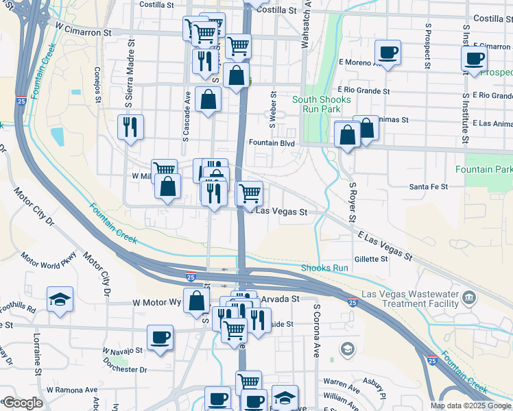 map of restaurants, bars, coffee shops, grocery stores, and more near 220 East Las Vegas Street in Colorado Springs