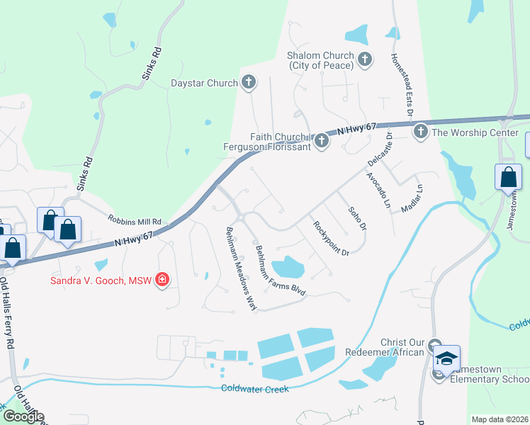map of restaurants, bars, coffee shops, grocery stores, and more near 5155 Delcastle Drive in Florissant