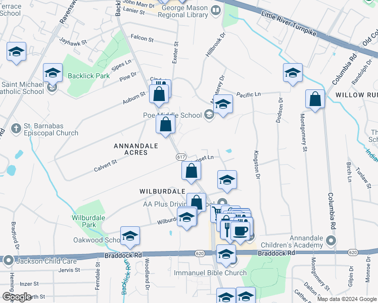 map of restaurants, bars, coffee shops, grocery stores, and more near 4919 Van Walbeek Place in Annandale
