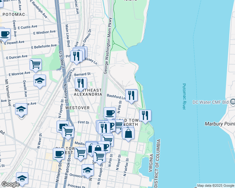 map of restaurants, bars, coffee shops, grocery stores, and more near 511 Bashford Lane in Alexandria