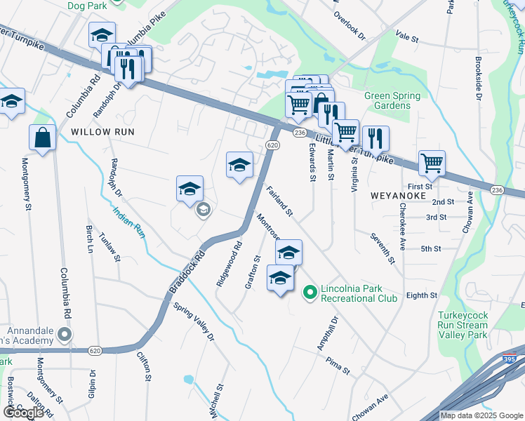 map of restaurants, bars, coffee shops, grocery stores, and more near 6564 Montrose Street in Alexandria